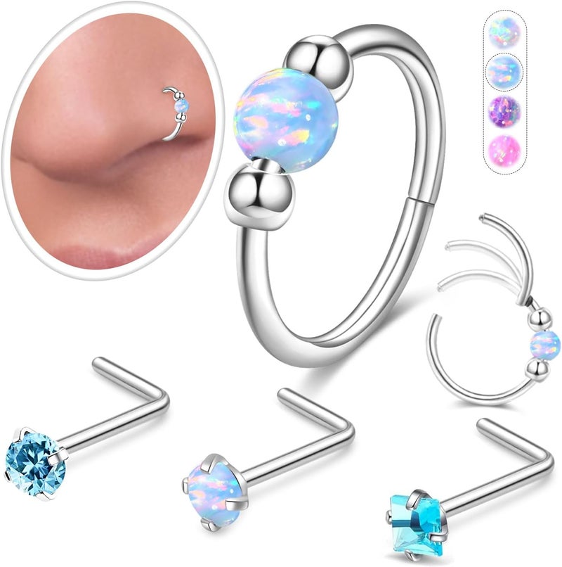 AMASIS Opal Nose Ring Studs Horseshoe Nose Rings Hoops Stud 316L Stainless Steel Nose Rings Round CZ Square Screw L Shaped Nose Stud Hypoallergenic Nostril Piercing Jewelry for Women Men - Image 1